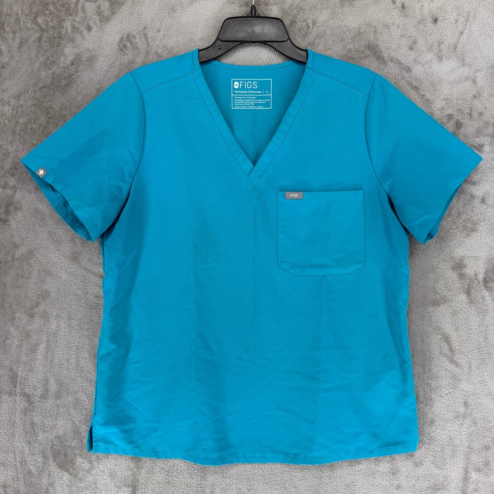 FIGS Catarina Scrub Top Large Teal Blue V-Neck Chest Pocket FW1000 Womens L
